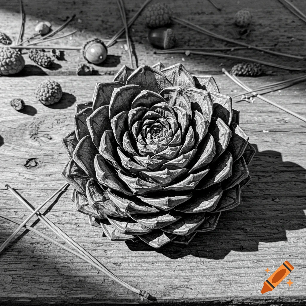 A detailed black and white close-up photo of a large pinecone on a wooden surface, surrounded by pine needles and small acorns.