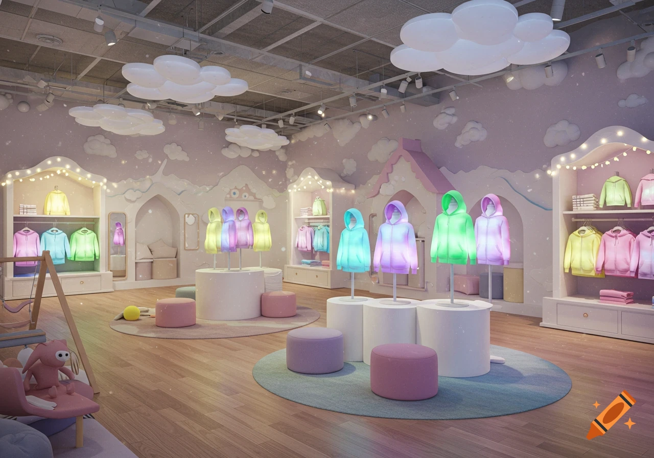 A whimsical children's clothing store with pastel walls, cloud lights, and mannequins displaying glowing, color-changing hoodies.