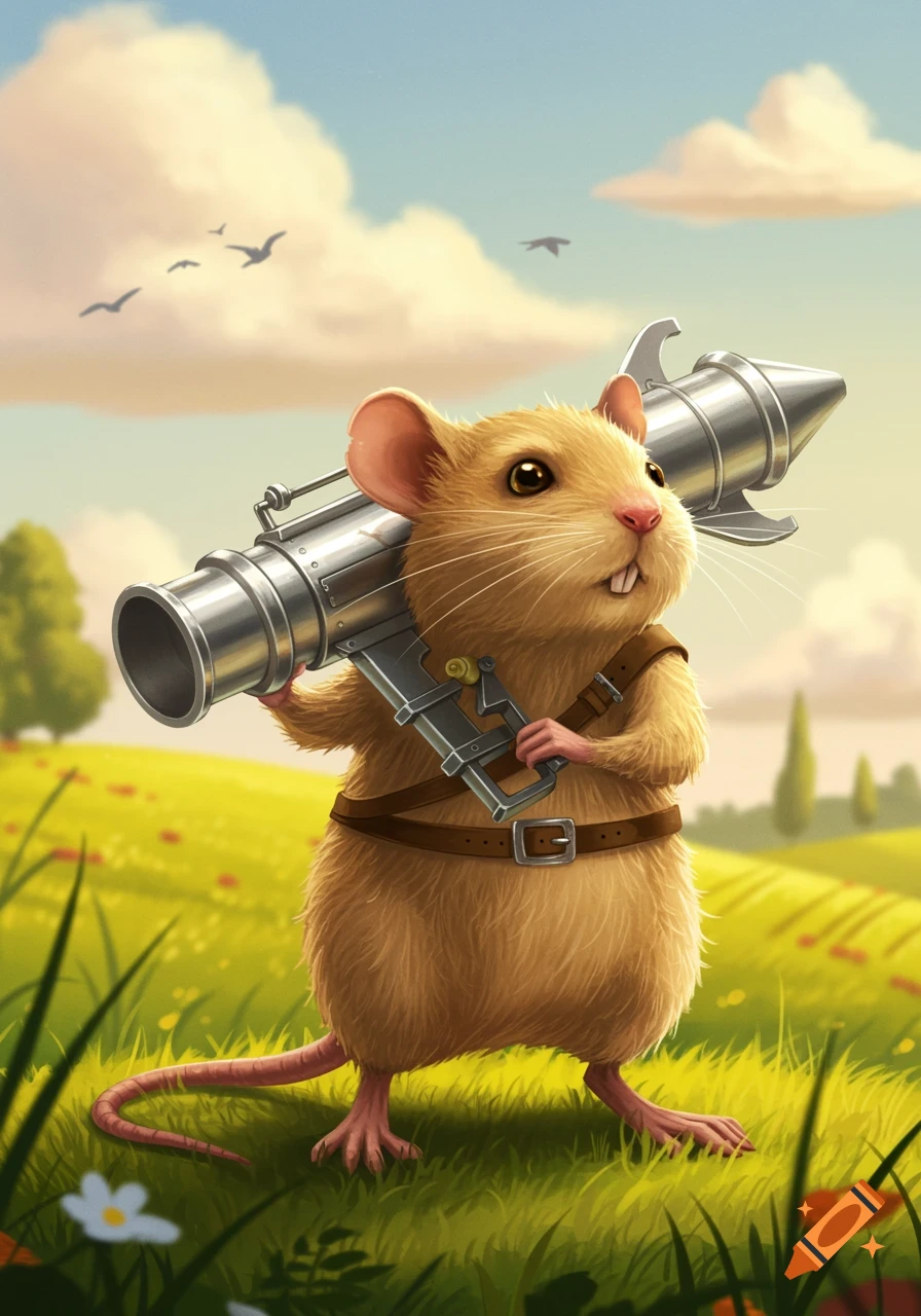 A cute brown mouse-like creature with a metal rocket launcher on its back stands in a sunny green field.