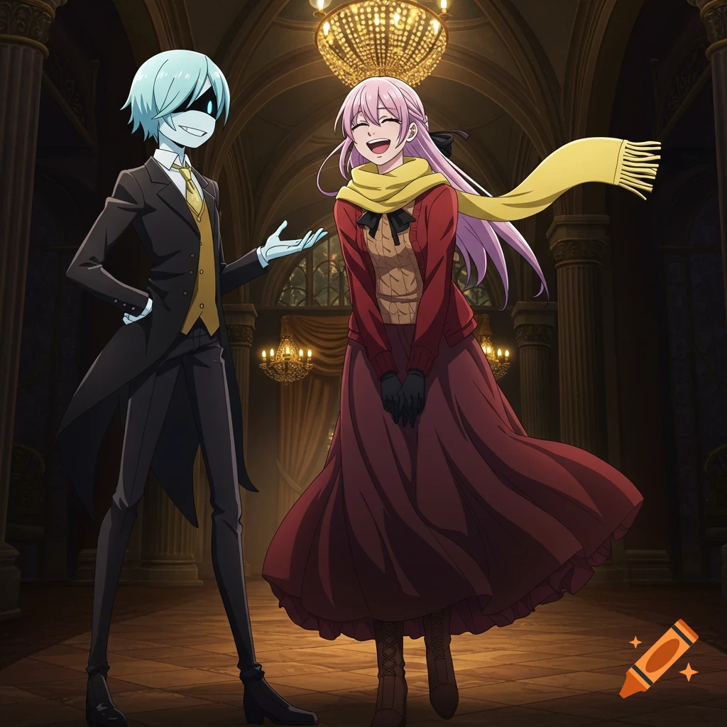 Two anime characters, one in a suit with a screen face and one pink-haired in a red dress, smile in a grand ballroom.
