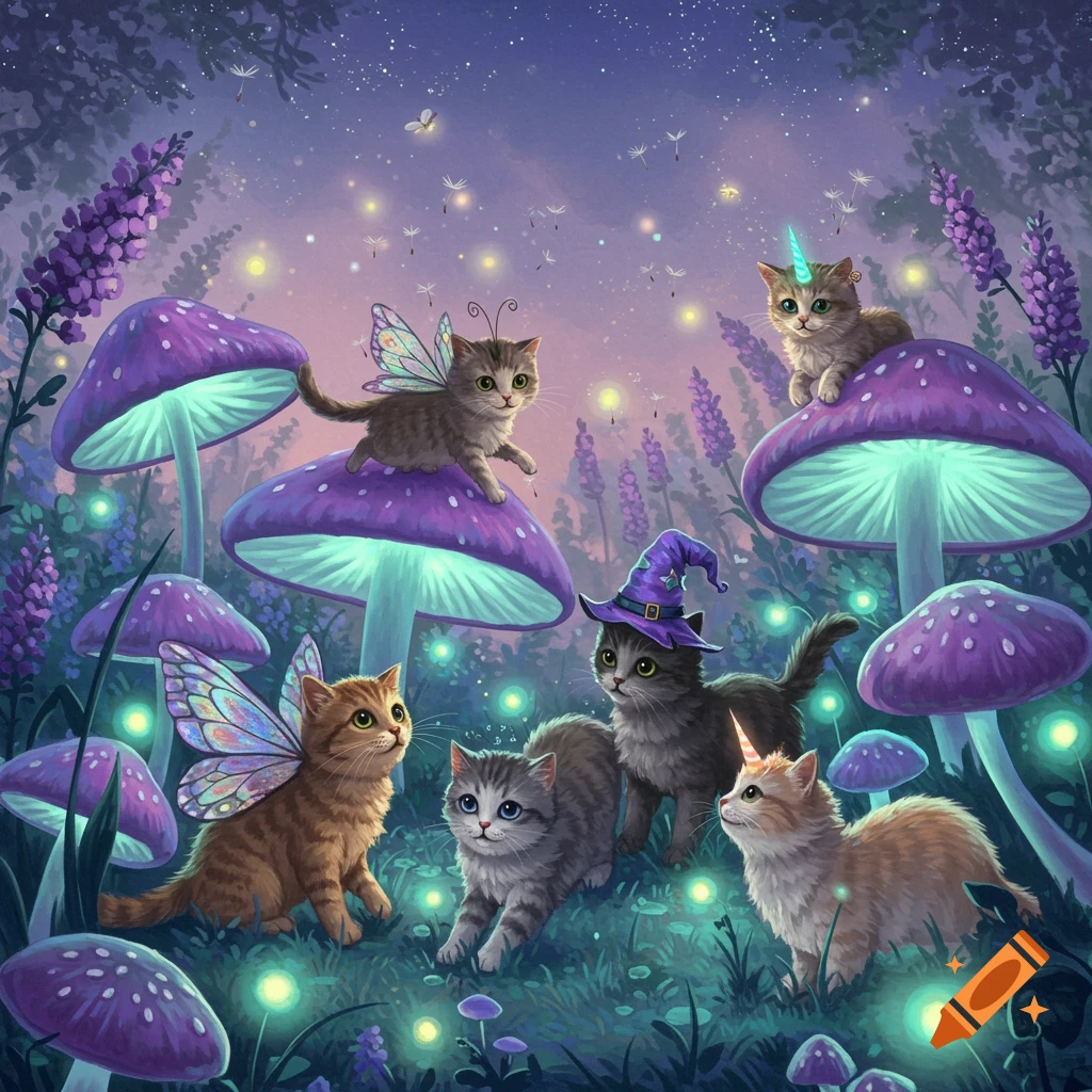 Whimsical cats with wings, unicorn horns, and witch hats in a glowing fantasy forest with purple mushrooms and fireflies.