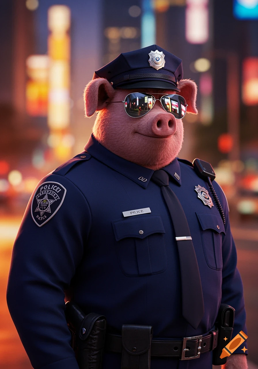 An anthropomorphic pig wearing a police uniform and sunglasses stands in a city at night.