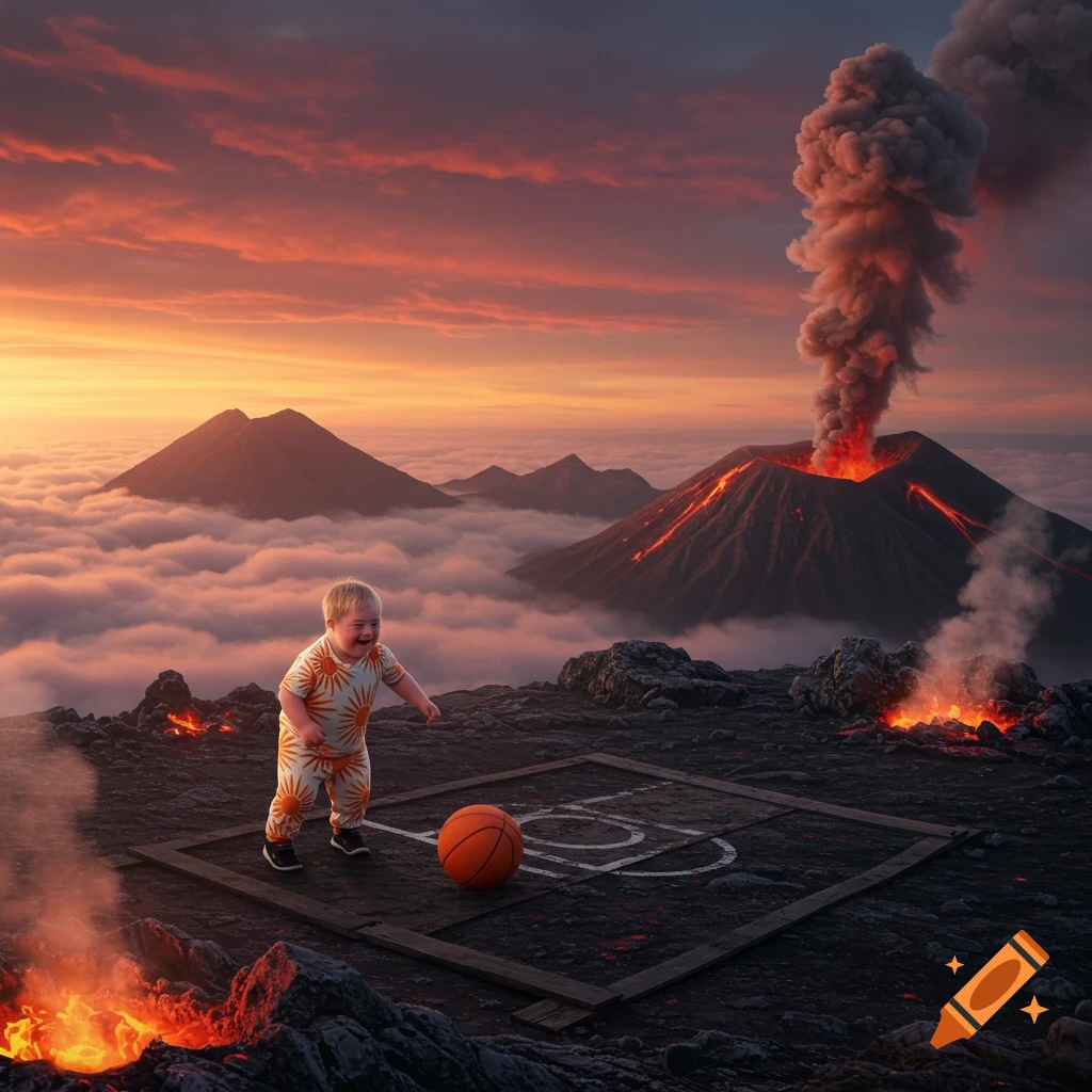 A happy baby playing basketball on a rocky volcanic landscape with erupting volcanoes and clouds below at sunset.