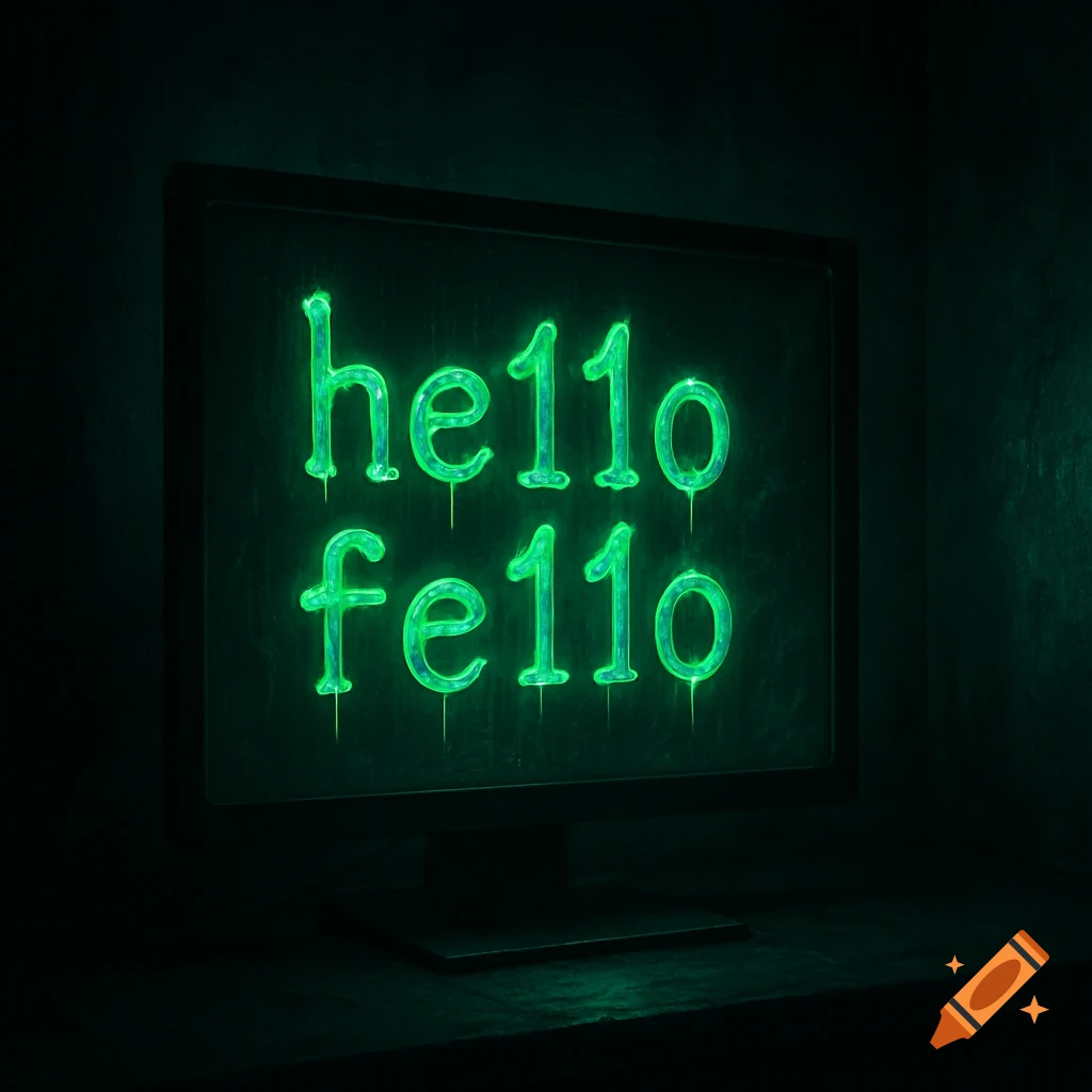 A dark room with a computer screen displaying green, glowing, dripping text that reads 'he11o fe11o'.