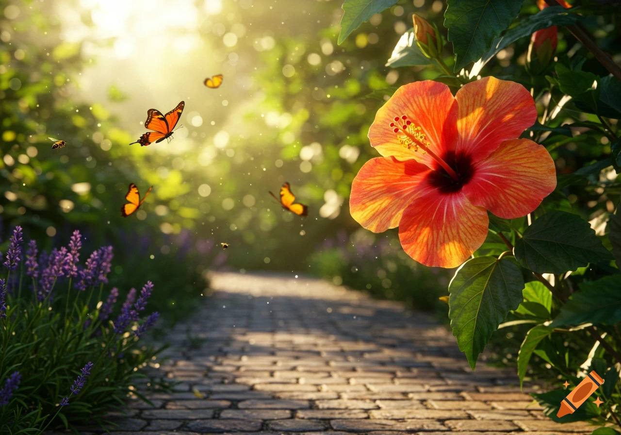 A vibrant red hibiscus flower and orange butterflies on a sunlit cobblestone garden path with purple lavender.