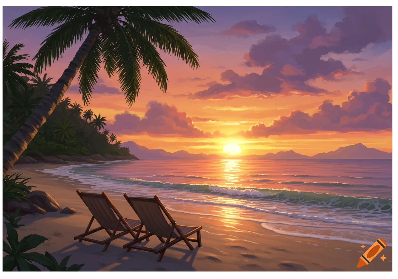 A vibrant sunset over a tropical beach with two empty beach chairs on the sand, and palm trees to the left.