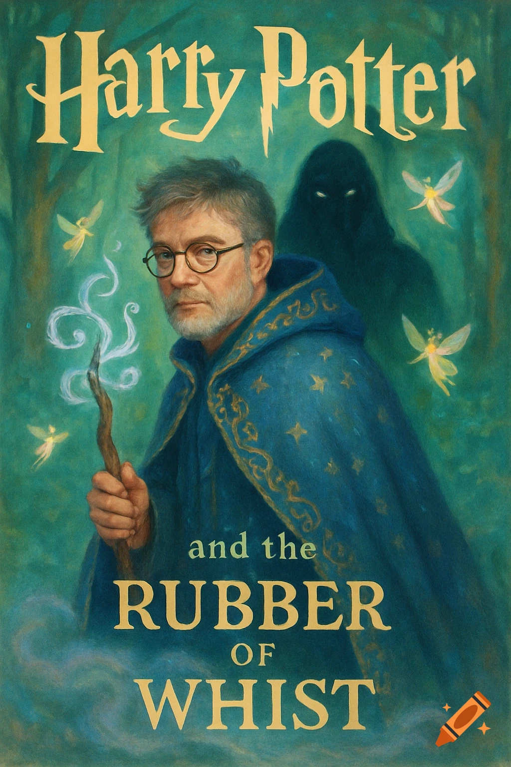 Book cover for 'Harry Potter and the Rubber of Whist' depicting a bearded man in a blue wizard's cloak with a glowing wand, surrounded by fairies and a shadowy figure.