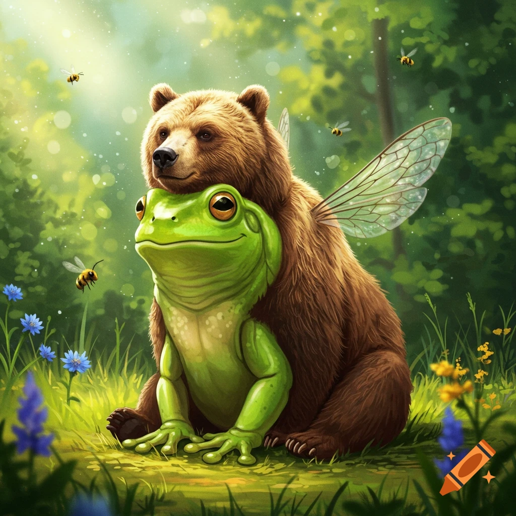 A whimsical digital illustration of a brown bear's head on a green frog's body, with translucent bee wings, sitting in a sunny forest clearing with bees flying.