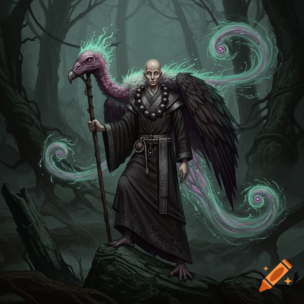 A bald, robed monk with bird feet and black wings stands in a dark forest, holding a staff, accompanied by a vulture with glowing green spores.
