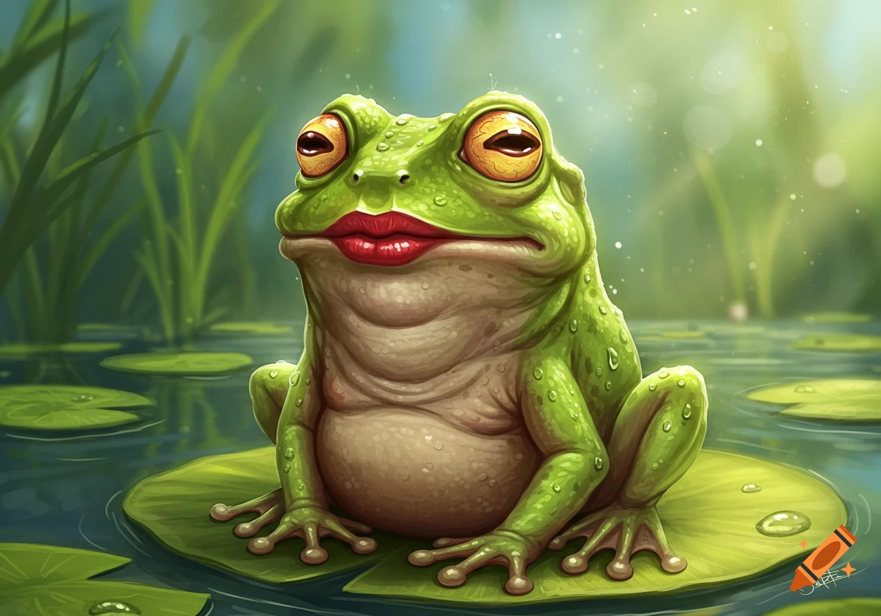 A cartoon-style green frog with big yellow eyes and red lipstick sits on a lily pad in a pond.