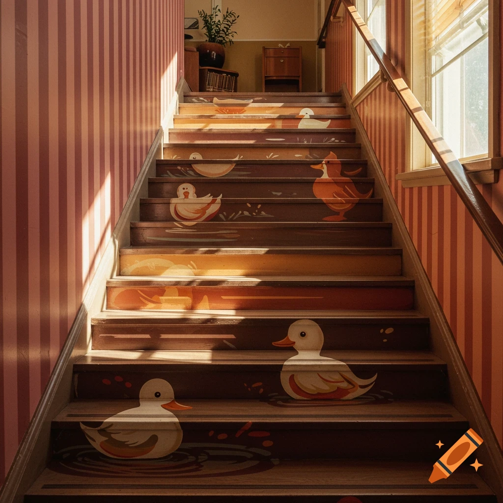 Abstract ducks painted on a striped stairwell, bathed in sunlight.