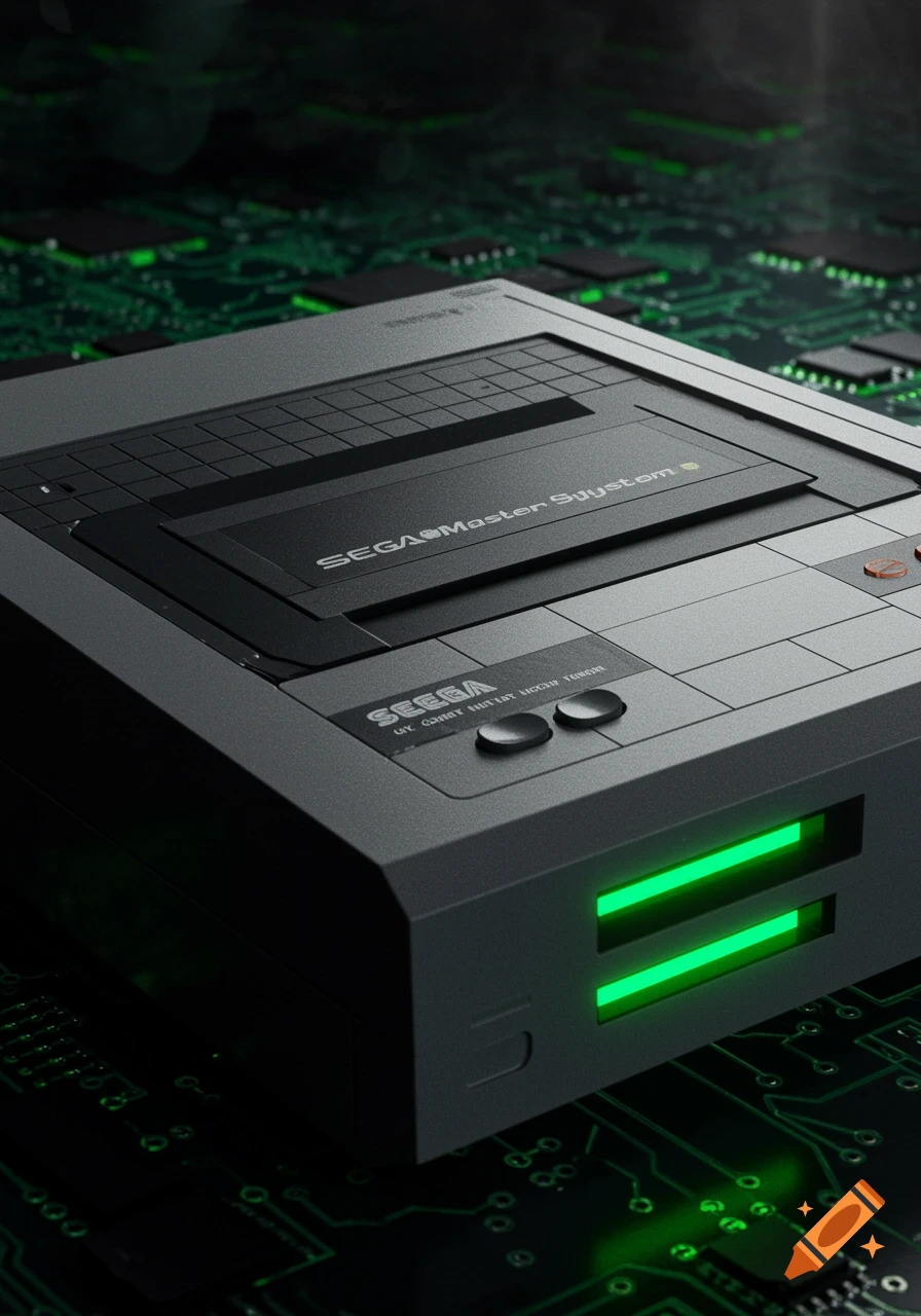 A photorealistic video game console blending Sega Master System and Xbox design, glowing green on a circuit board.