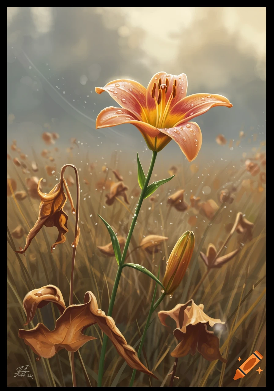A vibrant orange and yellow lily, covered in dew drops, stands tall in a field of dry brown grass and fallen leaves under a soft, light sky, rendered in a painterly style.