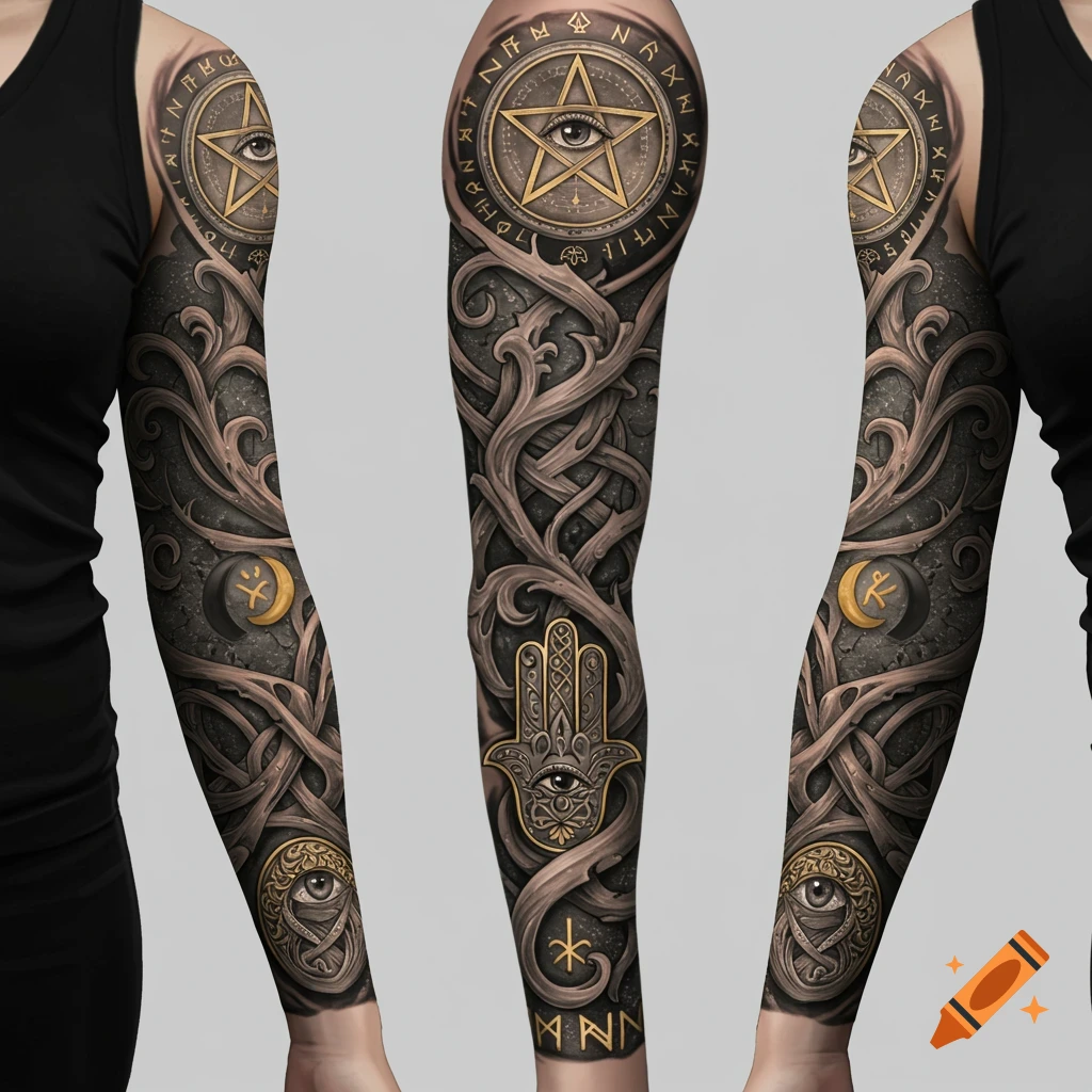 A full sleeve tattoo featuring a pentagram with an eye, a Hamsa hand, and intricate knotwork on an arm.