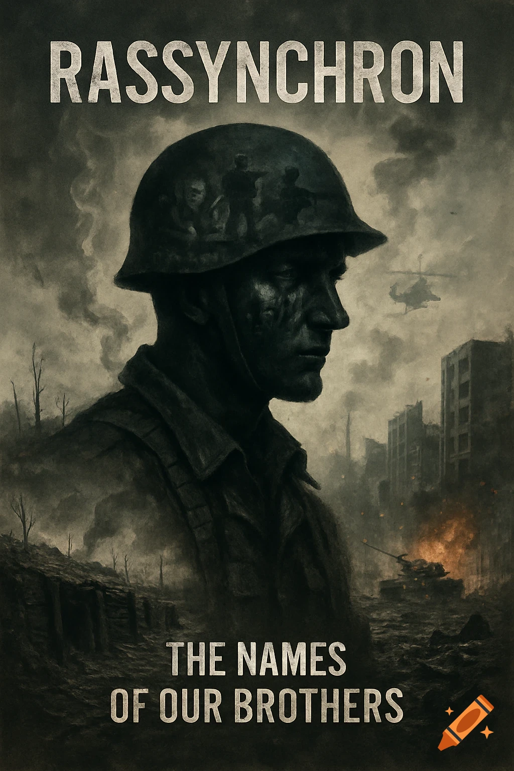 Grayscale poster: Soldier in profile wearing a helmet, smoke, ruined buildings. Text: 'RASSYNCHRON' and 'THE NAMES OF OUR BROTHERS'.
