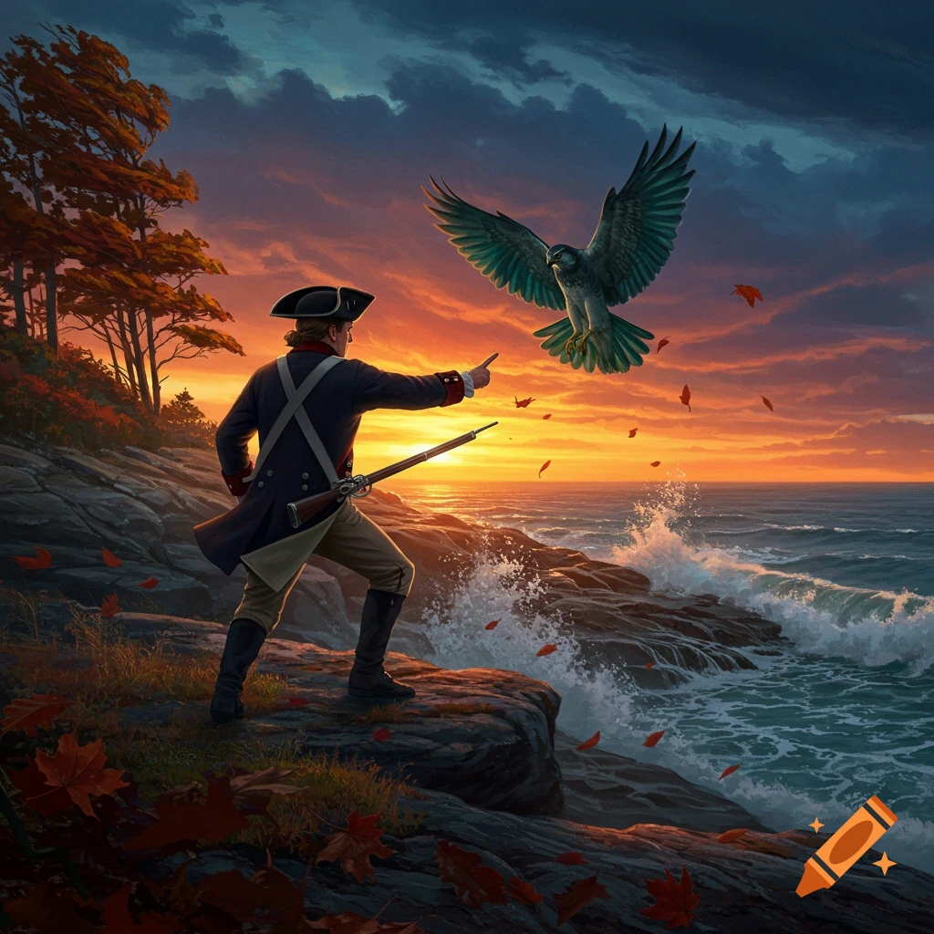 A patriot soldier on a rocky cliff points at a large hawk flying over the ocean during a vibrant sunset, with fallen leaves.