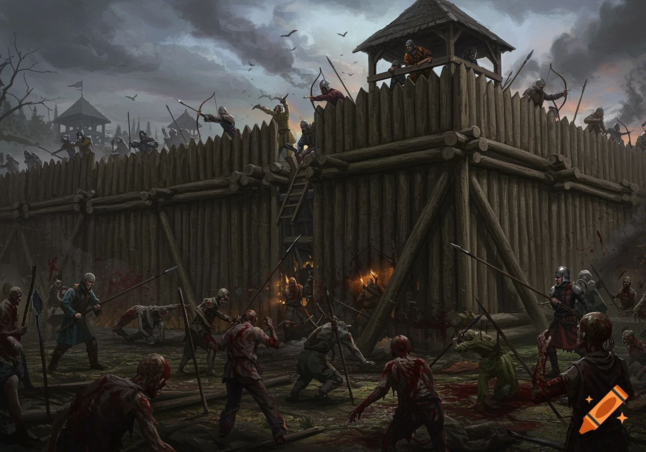 A dark fantasy digital painting of a wooden fortification under attack by a horde of zombies, defended by archers and spearmen.