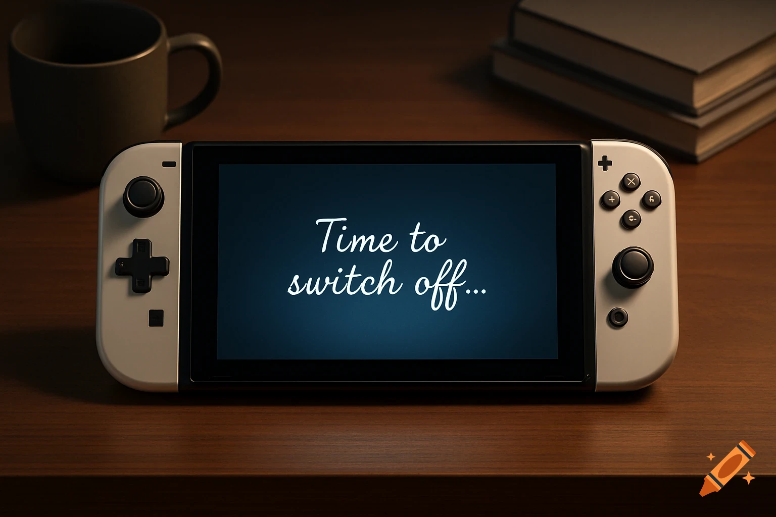 A photorealistic image of a Nintendo Switch console on a wooden desk with "Time to switch off..." on its screen. A mug and books are in the background.