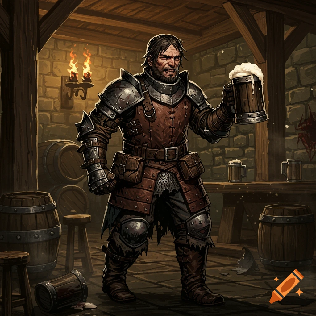 A grim-faced armored warrior stands in a dimly lit tavern, holding up a frothy tankard of beer in Darkest Dungeon style.