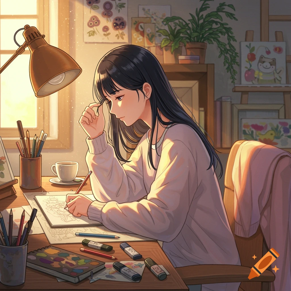 An anime girl drawing at a desk filled with art supplies, illuminated by warm sunlight from a window.