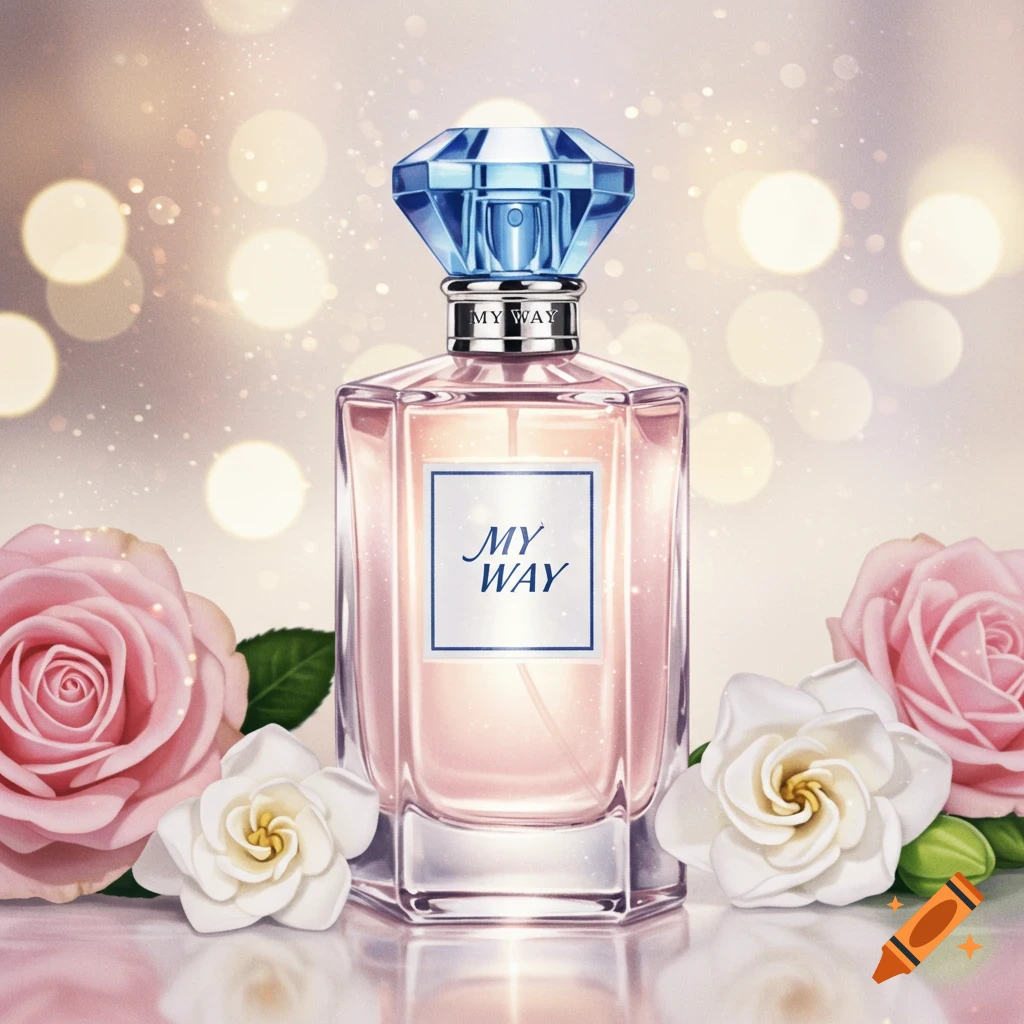 A photorealistic perfume bottle with a blue cap and 'MY WAY' label, surrounded by pink roses and white gardenias, sparkling background.