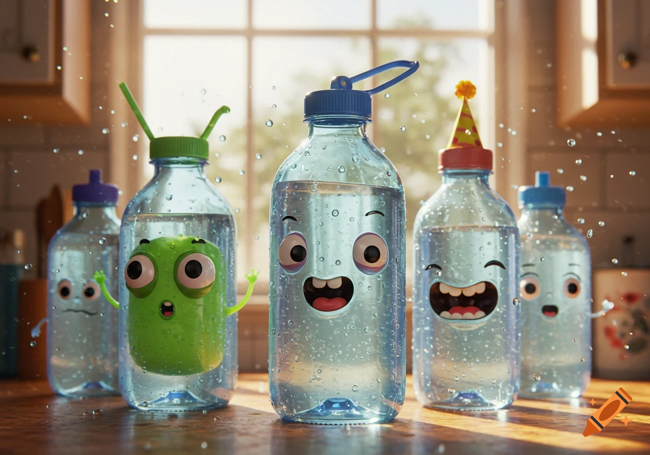 Five cartoon water bottles with faces and limbs on a kitchen counter with water splashing.