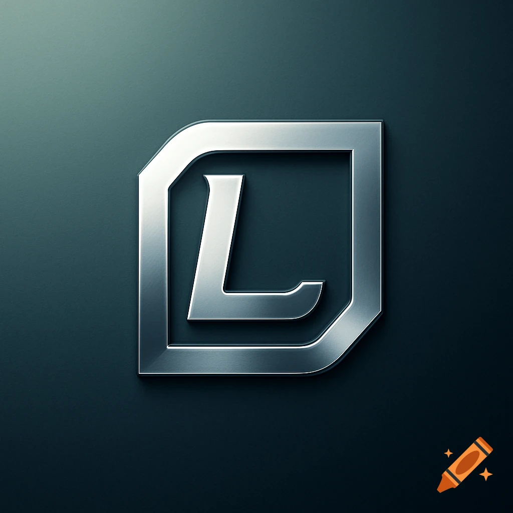 A metallic silver letter L logo on a dark teal background.