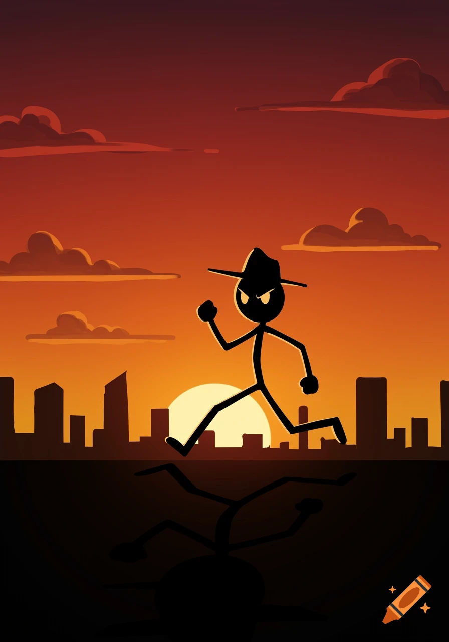 A stick figure in a fedora running across a city silhouette against a vibrant orange sunset.