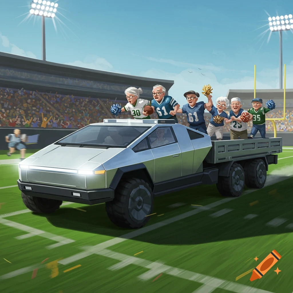 Illustration of senior citizens in football jerseys riding a Cybertruck on a football field.