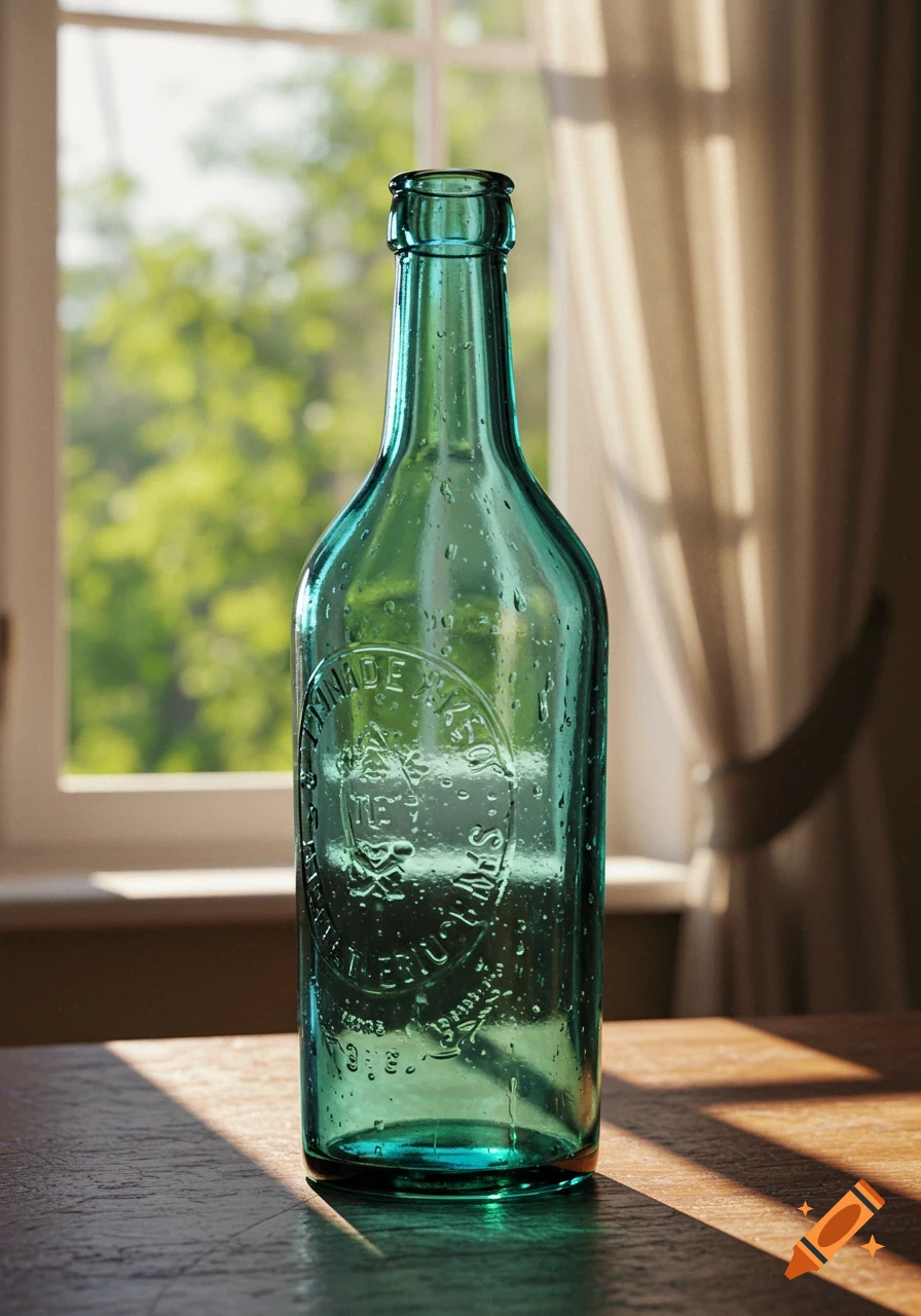 A vintage green glass bottle with embossed text on a wooden table in sunlight.