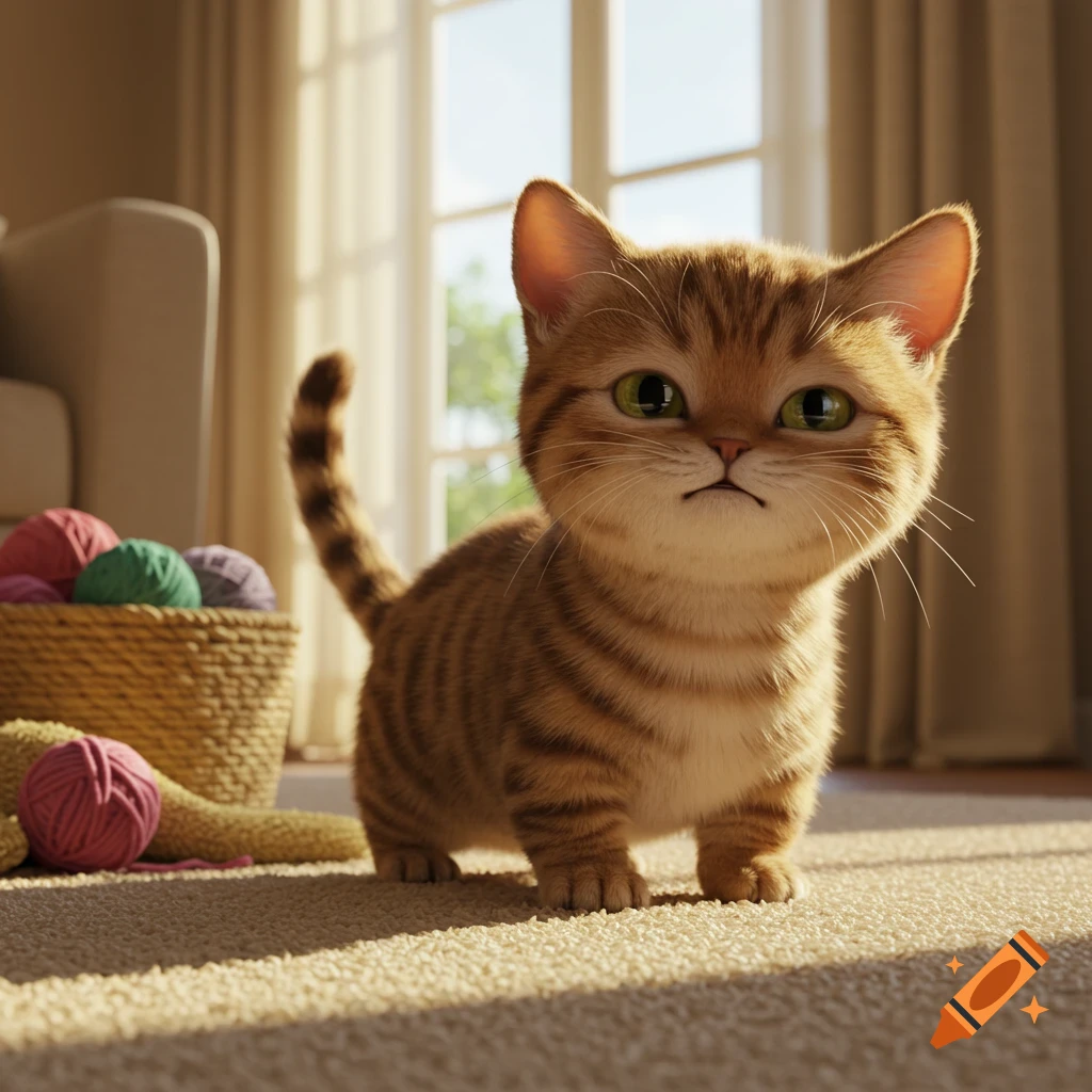 A cute animated munchkin cat with an expressive face stands on a rug in a sunlit room with yarn.