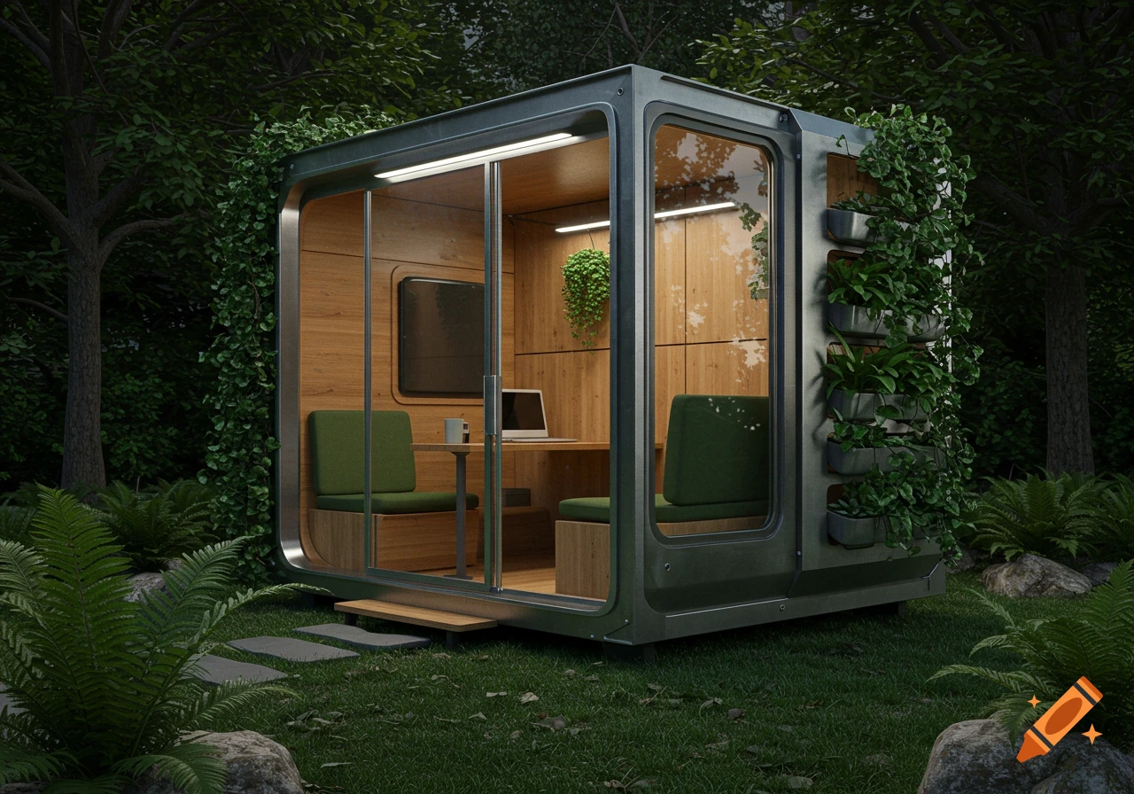 A modern, rectangular study pod with large windows, green seating, and a wooden interior, nestled in a lush green forest.