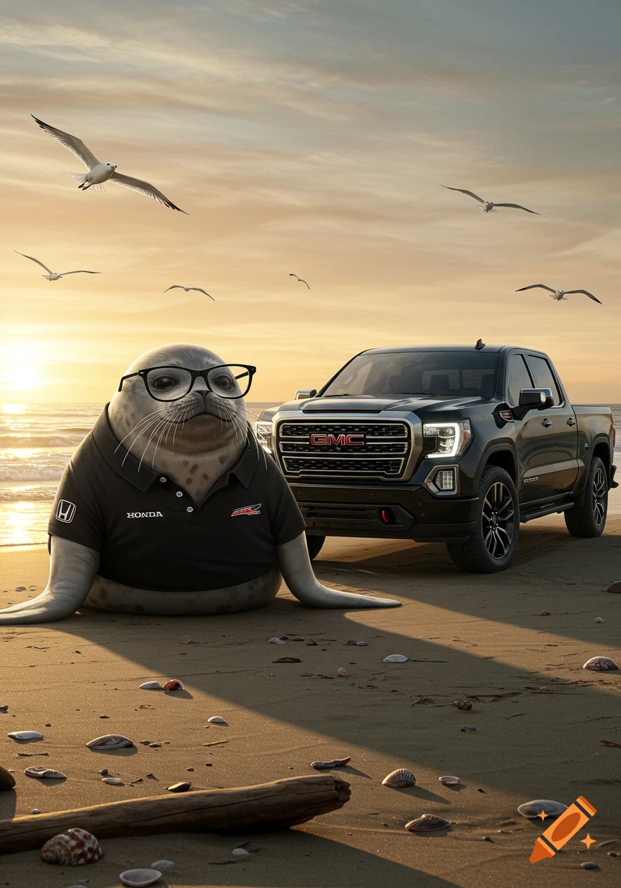 A seal wearing glasses and a black Honda polo shirt sits on a beach next to a black GMC truck at sunset.
