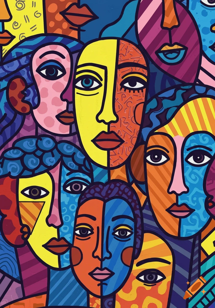 Colorful abstract painting in Romero Britto style, featuring overlapping faces with geometric patterns in blue, yellow, pink, and orange.