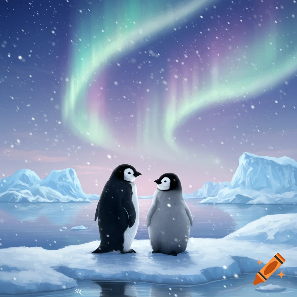 Two penguins stand on an ice floe under a vibrant aurora borealis and falling snow.