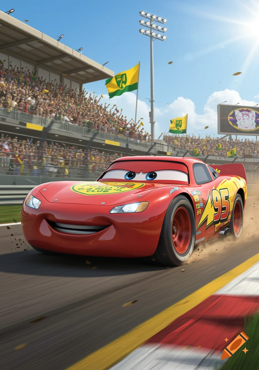 Lightning McQueen races on a track, with cheering crowds and yellow and green flags in the background under a bright sky.