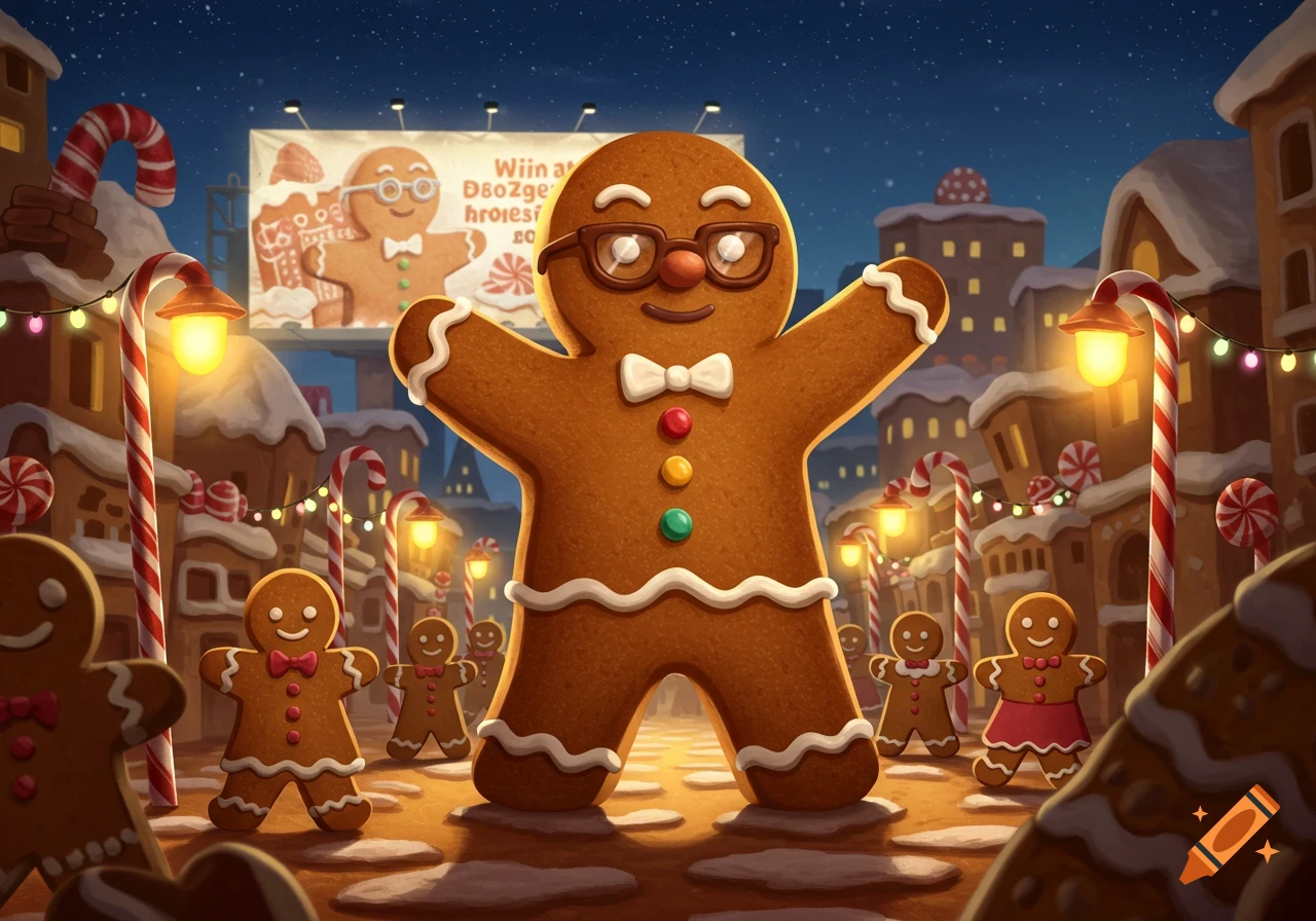A giant gingerbread man with glasses stands in a festive candy-themed town with smaller gingerbread people and candy canes.