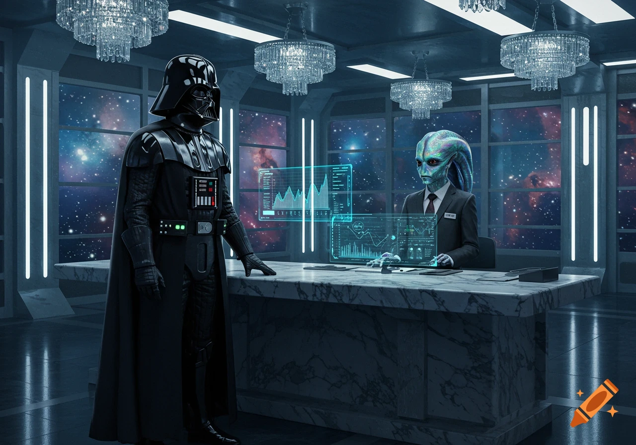 Darth Vader stands at a marble desk across from an alien in a suit, both looking at holographic data screens in a luxurious futuristic room with chandeliers and large windows showing outer space.