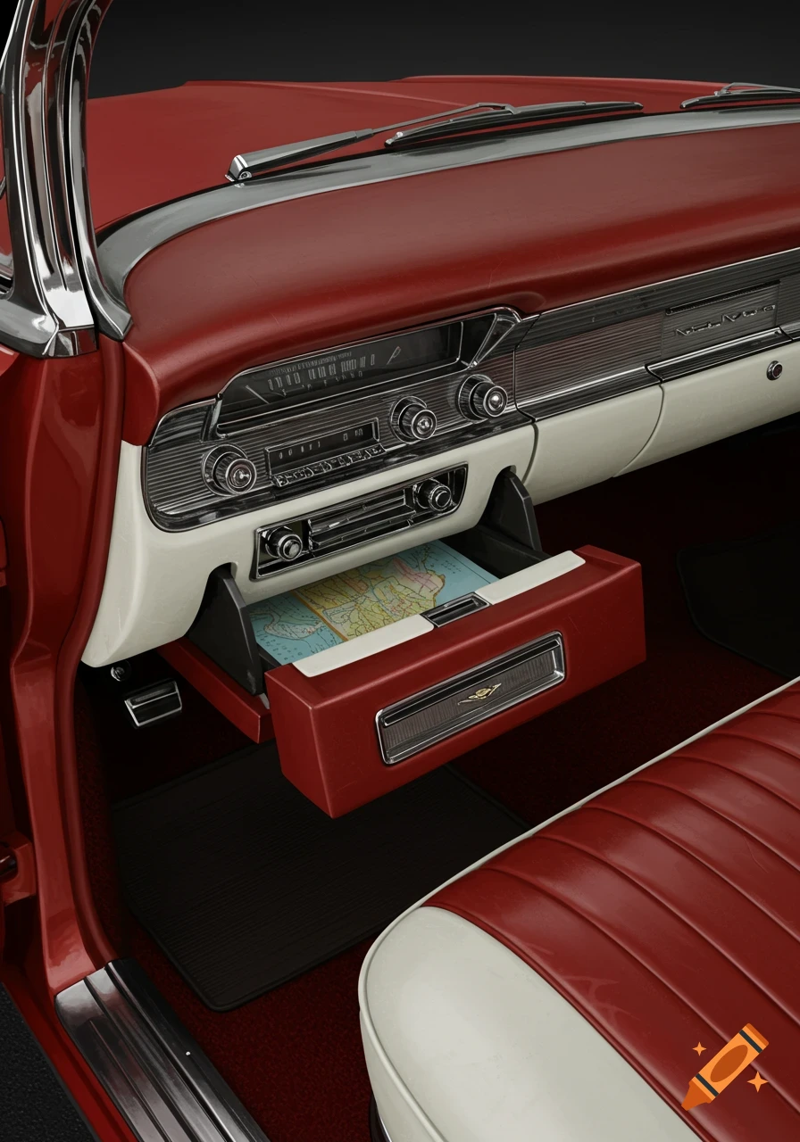 View inside a vintage 1959 red and white Cadillac Series 62 car, showing the dashboard with open glove box containing a map.