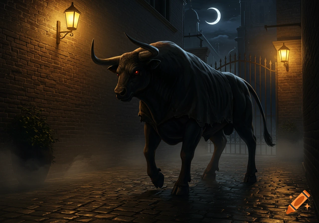 A dark bull-like creature with glowing red eyes walks on cobblestone in a misty alley at night, lit by lanterns under a crescent moon.