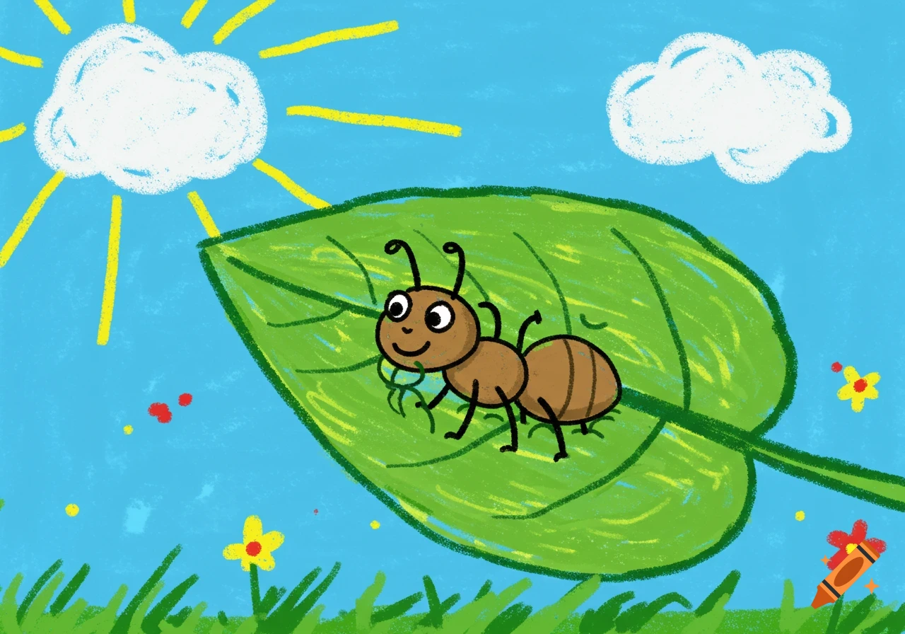 A colorful crayon drawing of a smiling ant on a large green leaf, under a bright yellow sun and white clouds in a blue sky.