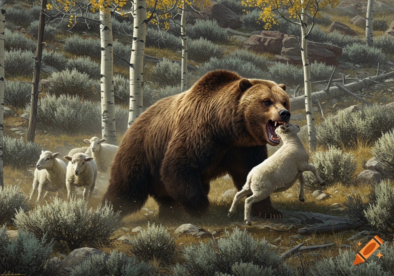 A grizzly bear with an open mouth appears to attack a white sheep in a brushy forest with aspen trees, while other sheep stand nearby.