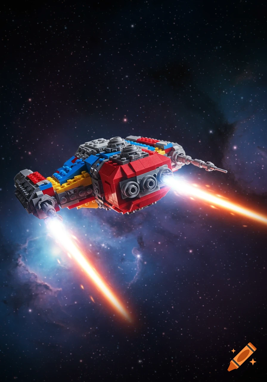 A colorful Lego spaceship with glowing engines flies through a dark, star-filled cosmic sky with nebulae.