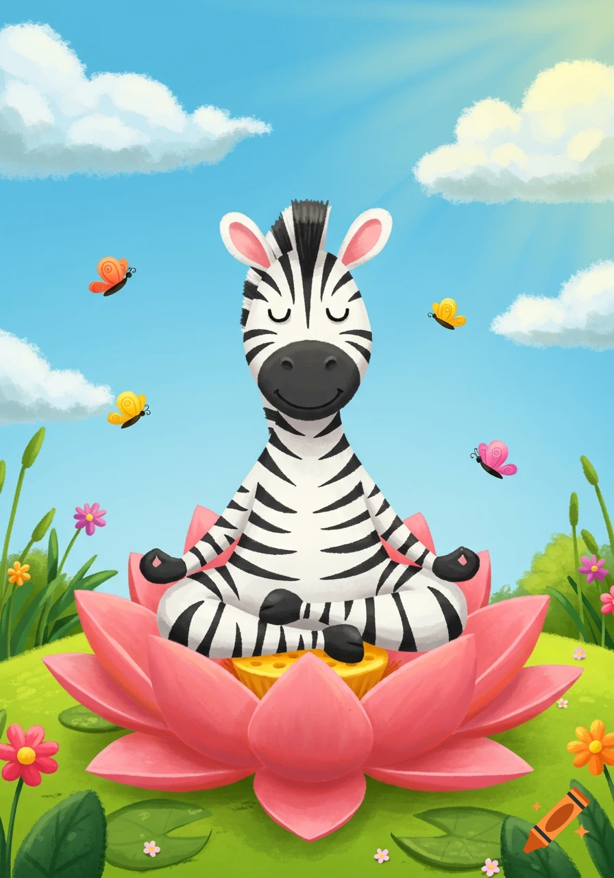 A cute cartoon zebra sits cross-legged meditating on a pink lotus flower in a sunny green field with colorful butterflies.
