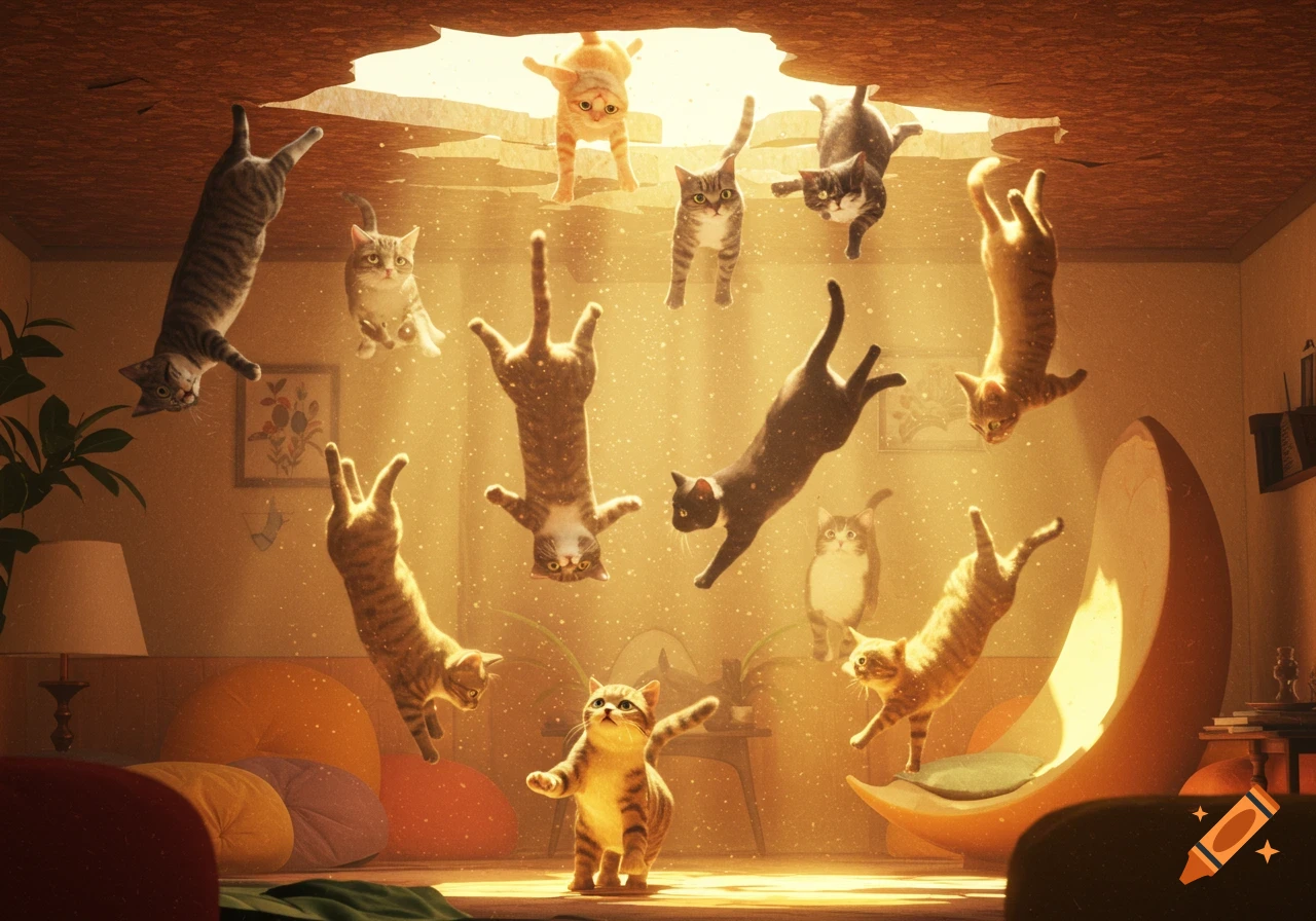 Multiple cats fall from a hole in the ceiling into a golden sunlit room with dust motes, one cat standing on the floor. Photorealistic style.