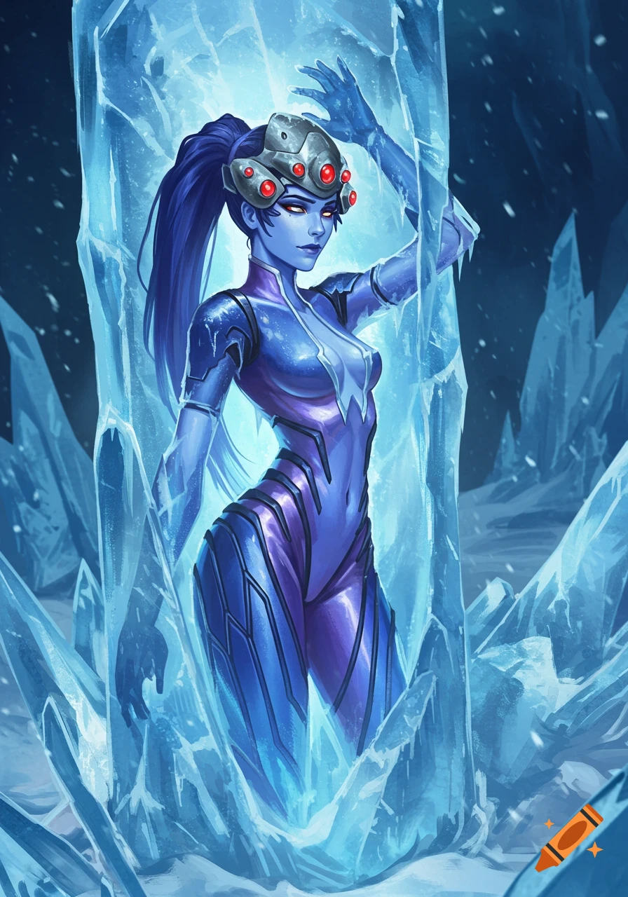 Widowmaker from Overwatch, frozen in a block of ice in a stylized illustration.
