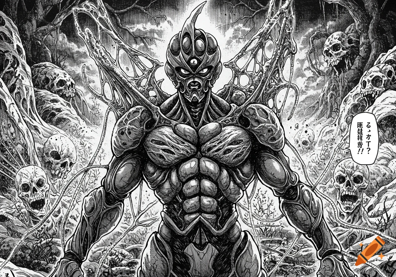 A black and white manga panel of a monstrous, muscular creature with organic armor and webbed wings, standing among skulls in a dark, gnarled forest with a speech bubble.