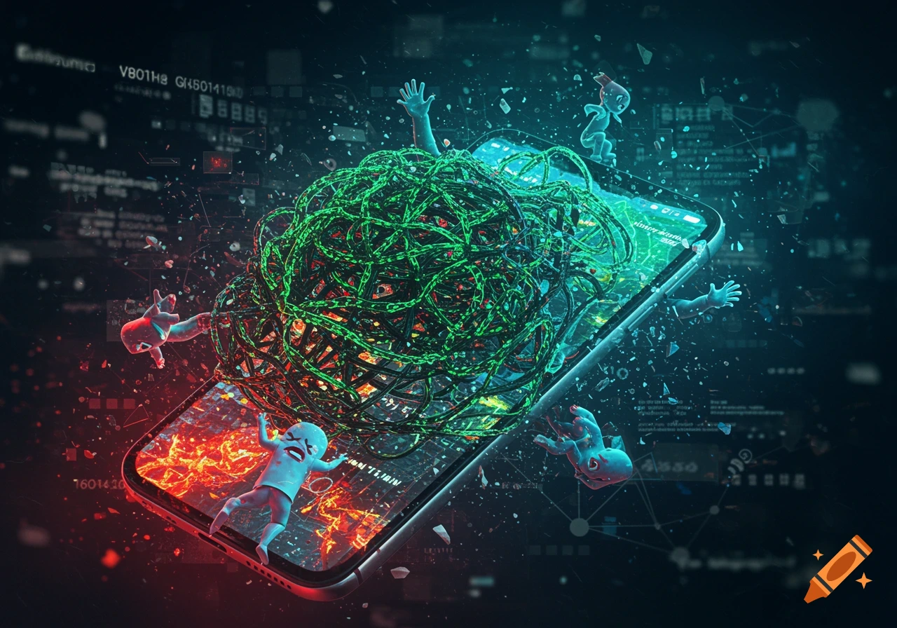 A smartphone screen overflows with tangled green and black wires, trapping small, distressed human-like figures. The background is dark with digital data streams and glowing red and blue light effects.