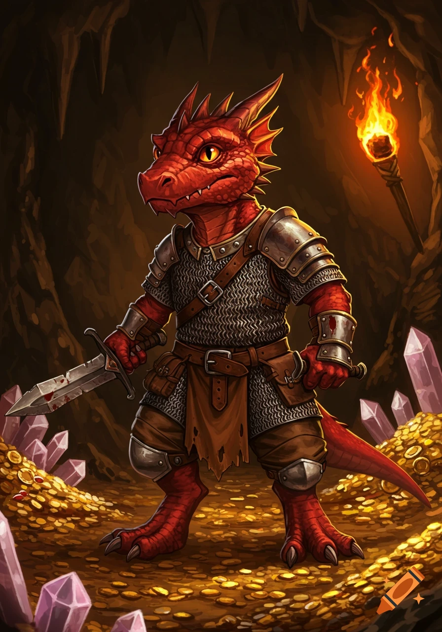 A detailed fantasy illustration of a red-scaled kobold in armor, holding a sword, standing amidst gold coins and crystals in a dimly lit cave.