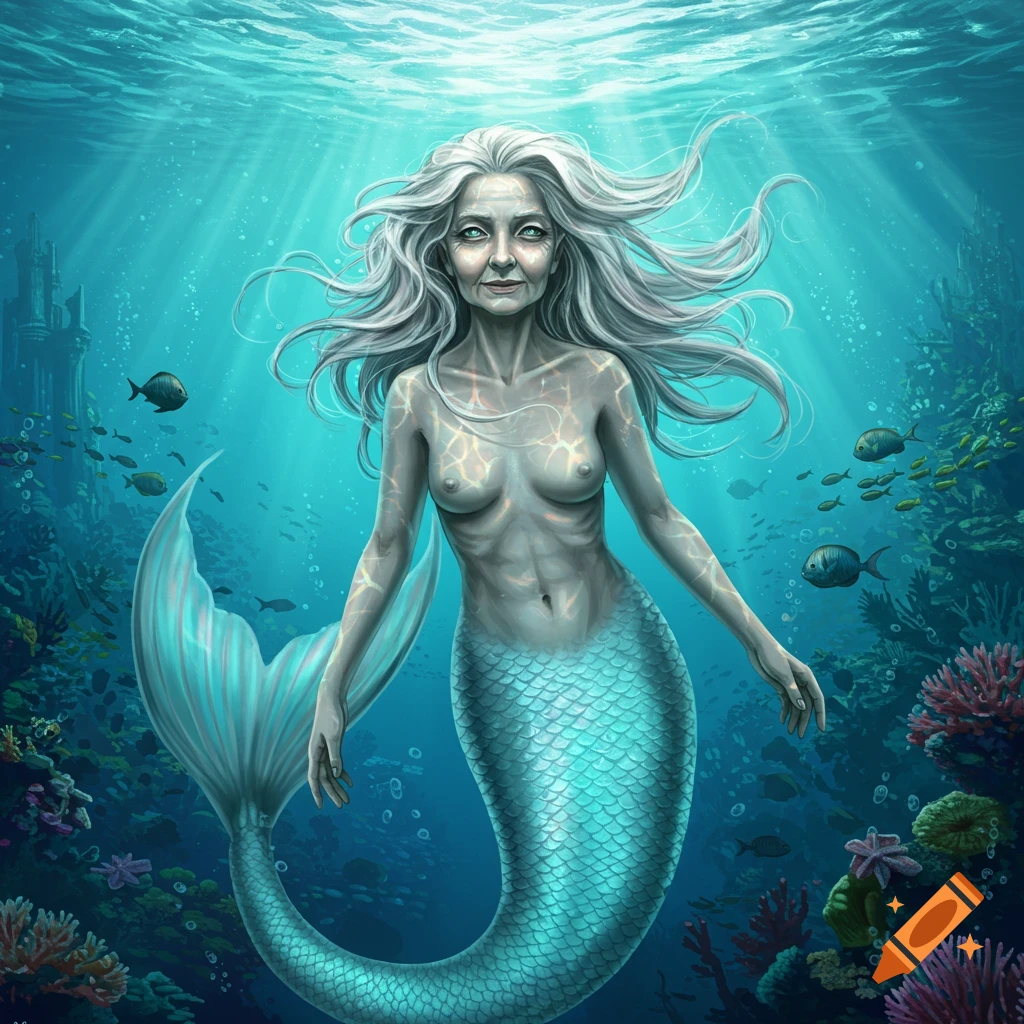 An aged mermaid with long white hair and a blue-green tail swims underwater amidst coral and fish.